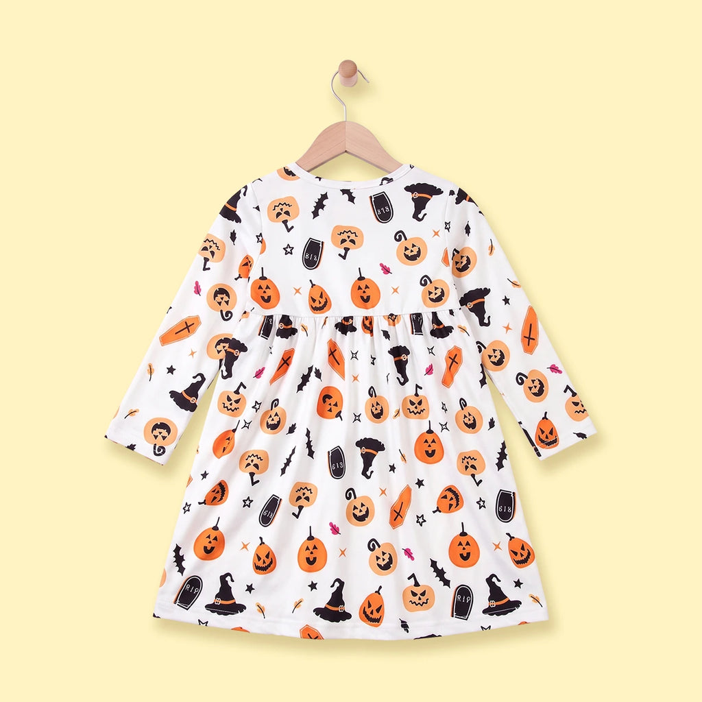 Girls White Halloween Pumpkin Print Fit & Flare Dress Casual Dresses