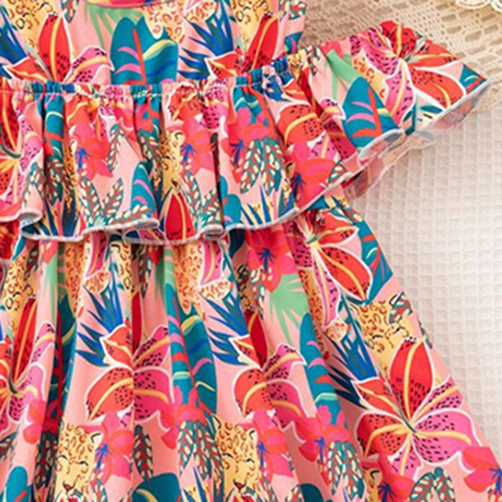 Girls Red Tropical Printed Fit & Flare Dress With Ruffle Detailing Casual Dresses