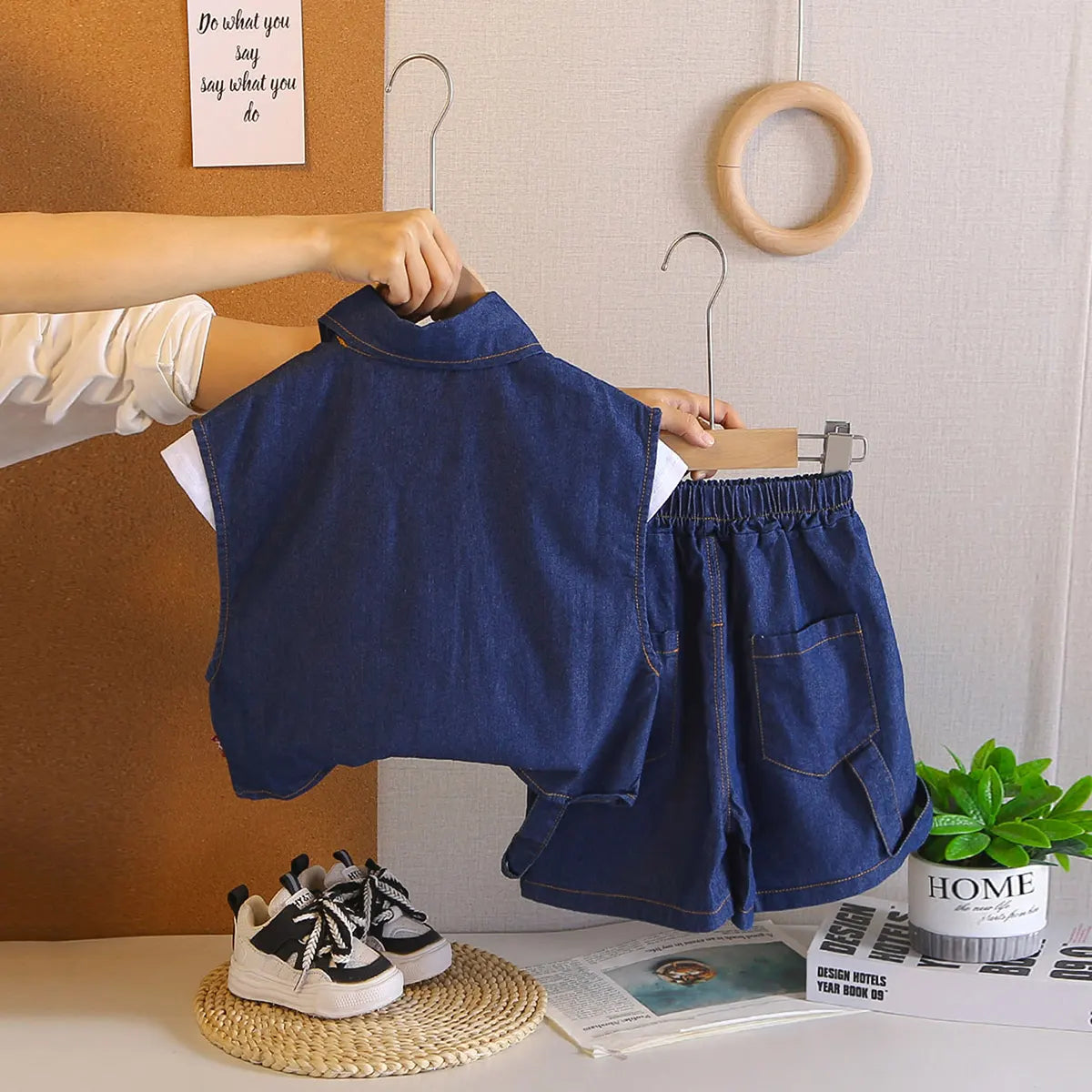 Boys Blue Denim Sleeveless Jacket With Printed T-Shirt & Shorts Sets Sets