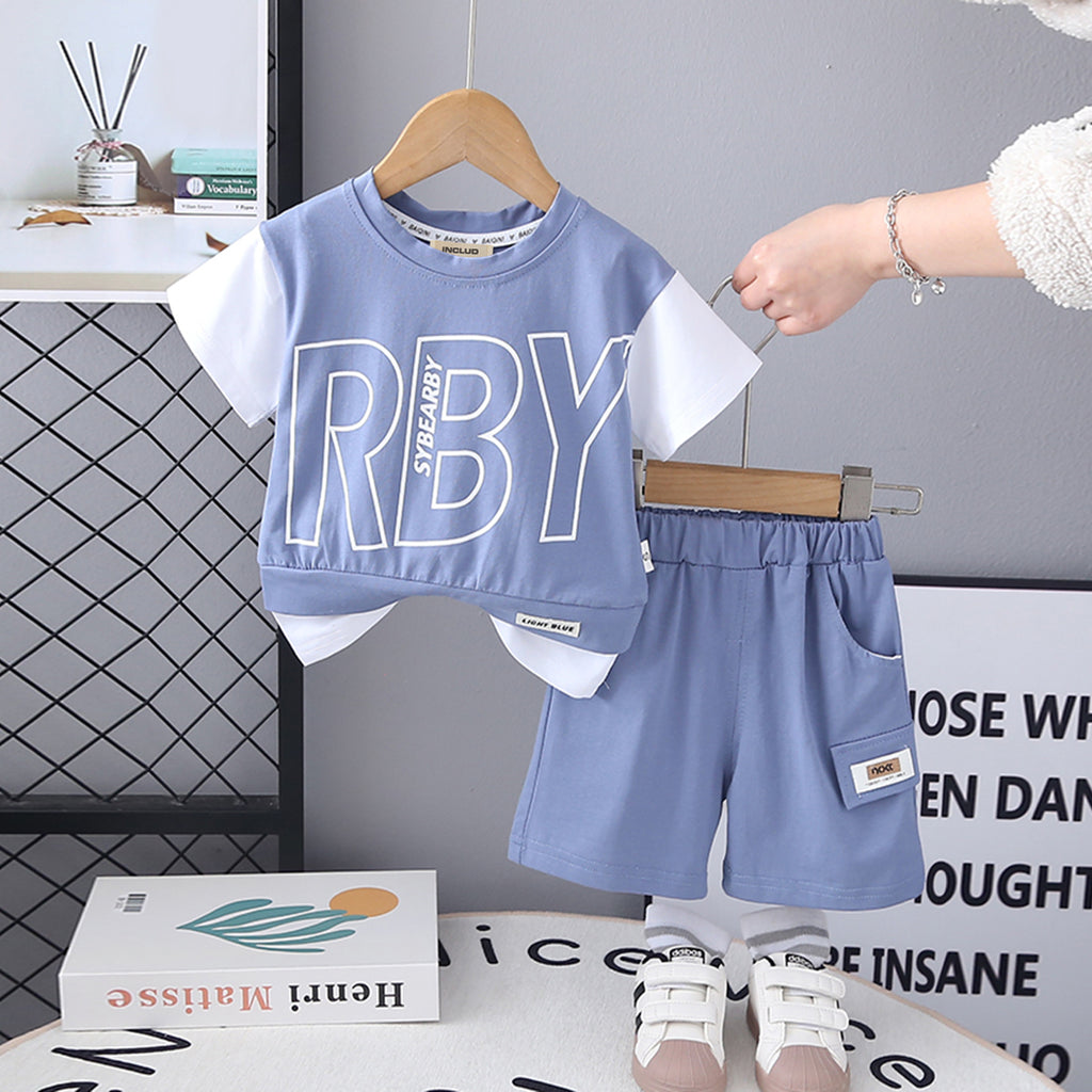 Boys Blue Colorblocked Typographic Printed T-Shirt With Shorts Set 2 pc. Sets Blue 1-2 Y