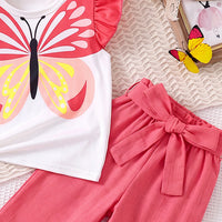 Girls White Round Neck Butterfly Print T-Shirt With Pants Sets 2 pc. Sets