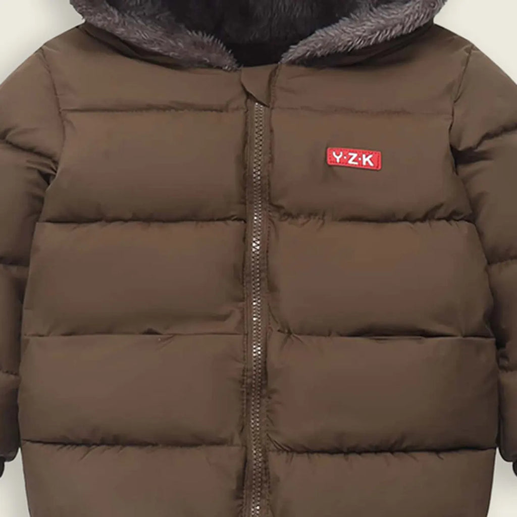 Boys Brown Zip-up Puffer Jacket With Bear Ear On Hood Coats & Jackets