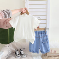 Boys Off White Embroidery Applique T-Shirt With Denim Shorts Set 2 pc. Sets