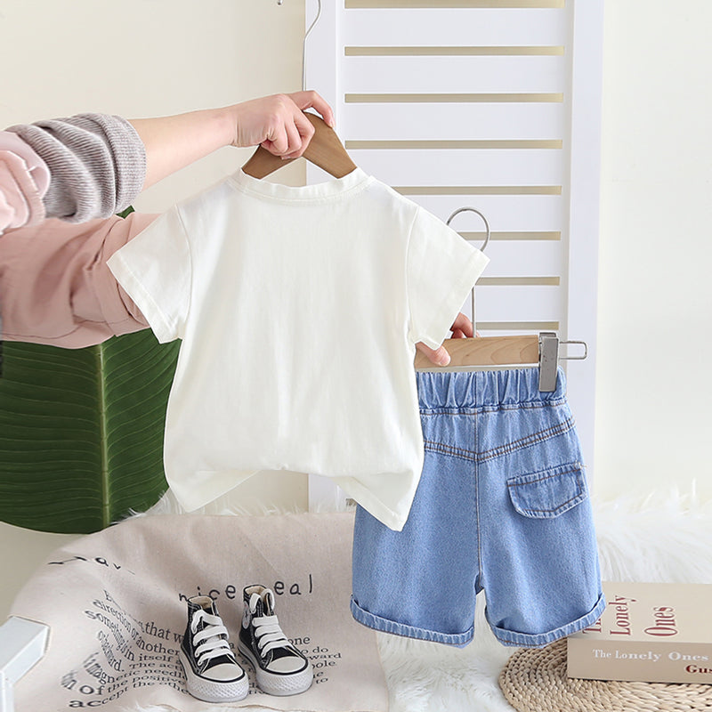 Boys Off White Embroidery Applique T-Shirt With Denim Shorts Set 2 pc. Sets