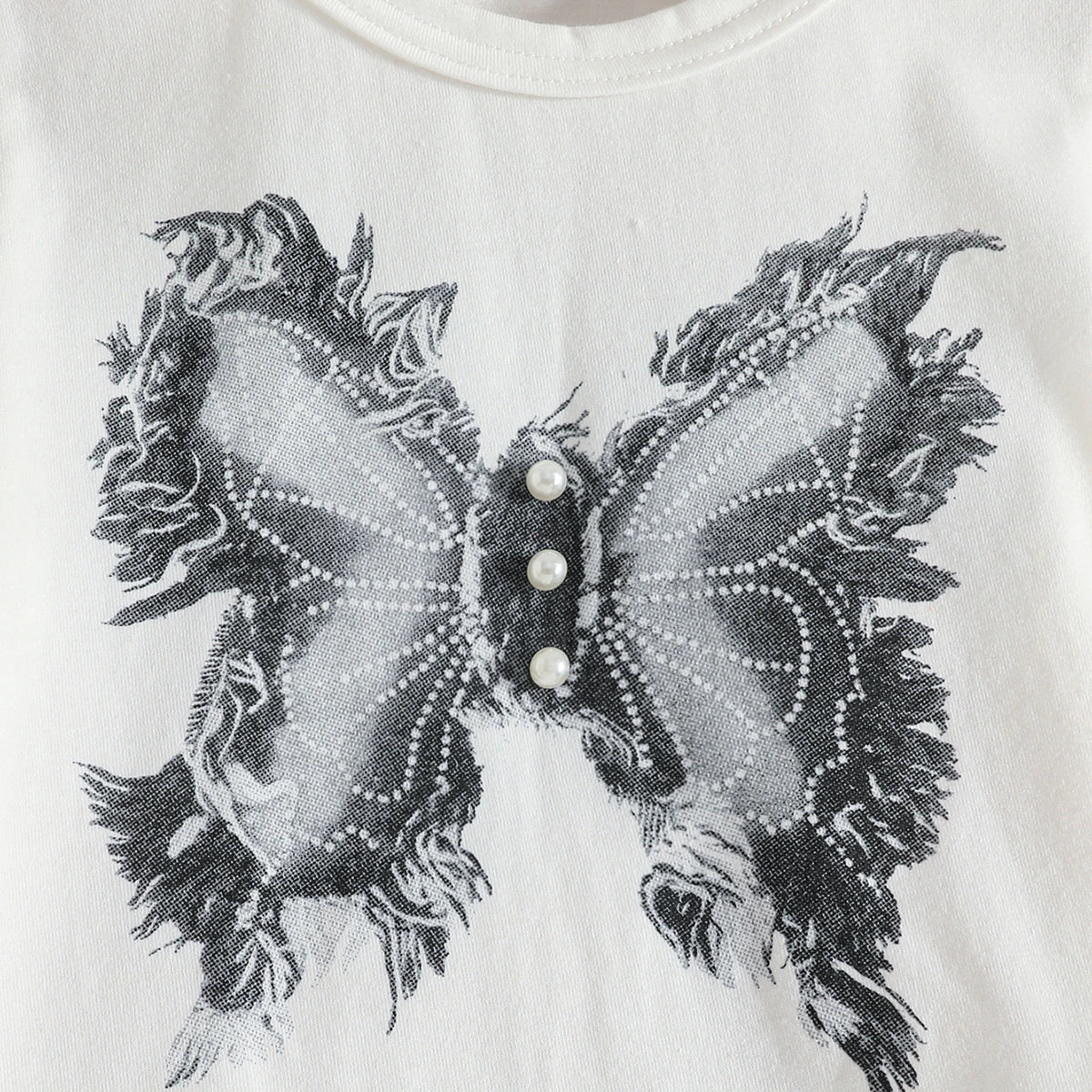 Girls White Butterfly Print Short Sleeves T-Shirt With Pearl Embellished Denim Pants Set Sets