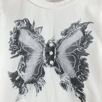 Girls White Butterfly Print Short Sleeves T-Shirt With Pearl Embellished Denim Pants Set Sets