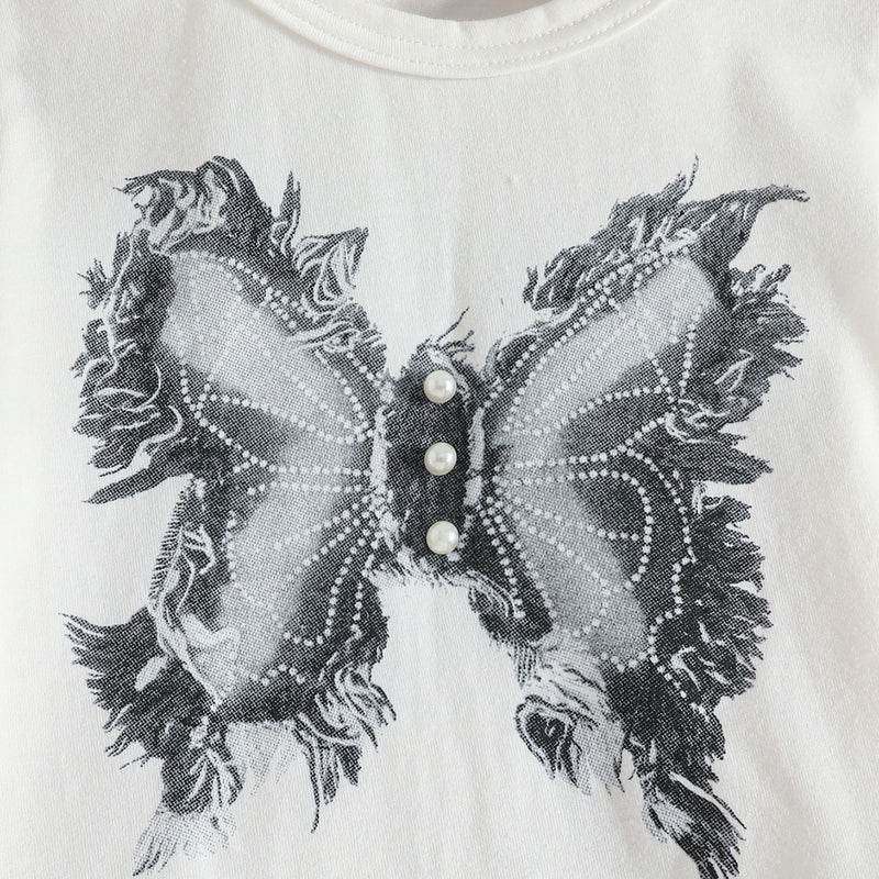 Girls White Butterfly Print Short Sleeves T-Shirt With Pearl Embellished Denim Pants Set Sets