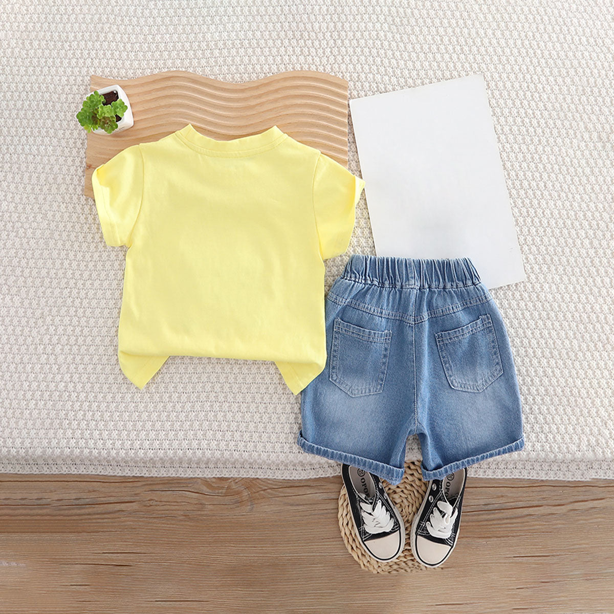 Boys Yellow Joystick Printed Short Sleeves T-Shirt With Denim Shorts Set 2 pc. Sets