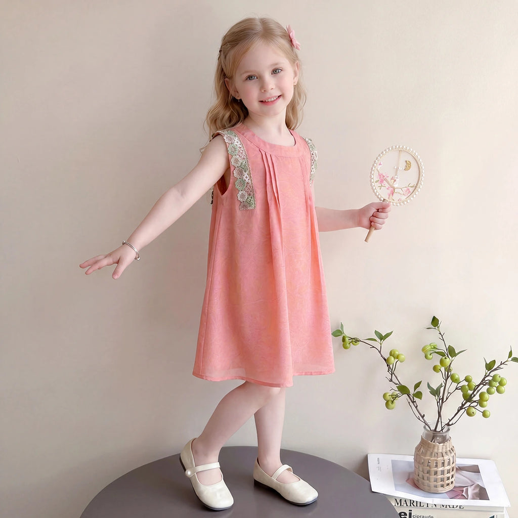 Girls Peach Self-Design Sleeveless A-Line Dress Casual Dresses