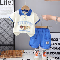 Boys Cream Graphic Printed Polo T-Shirt With Blue Shorts Set 2 pc. Sets Blue 1-2 Y