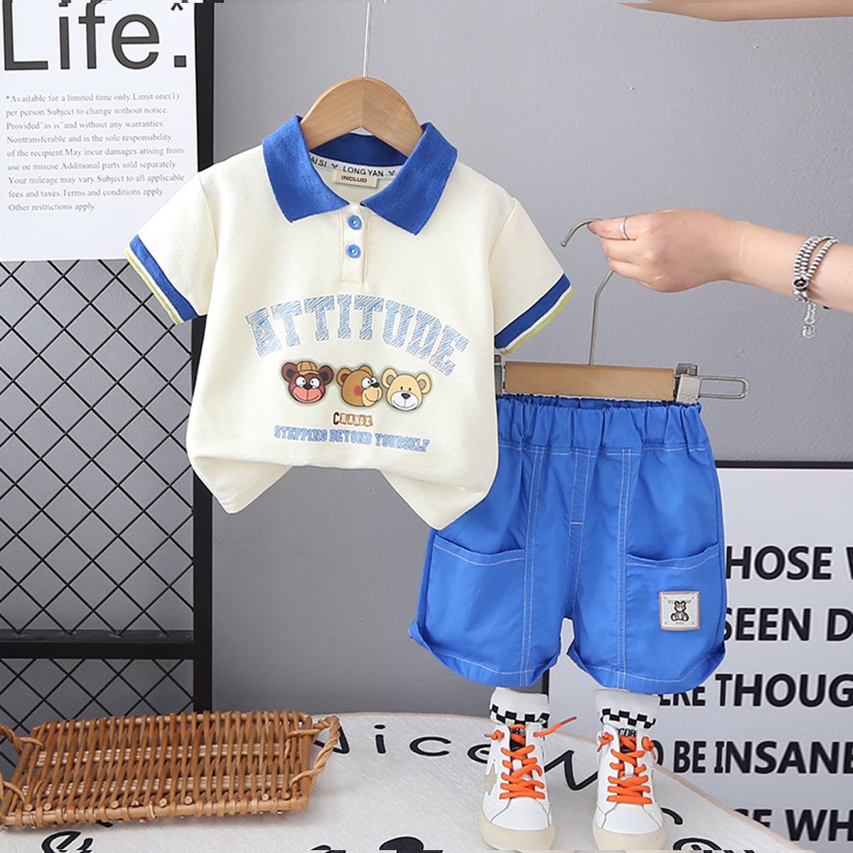 Boys Cream Graphic Printed Polo T-Shirt With Blue Shorts Set 2 pc. Sets Blue 1-2 Y