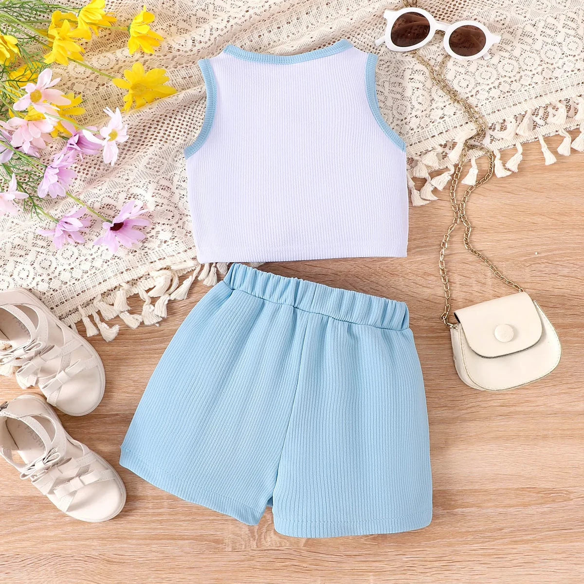 Girls Textured Sleeveless Top With Light Blue Skirt Sets 2 pc. Sets