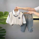 Boys Off White Self-Design Sleeveless Pullover With Shirt & Denim Pants Set