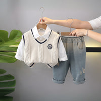 Boys Off White Self-Design Sleeveless Pullover With Shirt & Denim Pants Set Sets Off White 1-2 Y