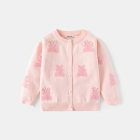 Girls Light Pink Self-Design Winter Cardigan Sweaters & Cardigans