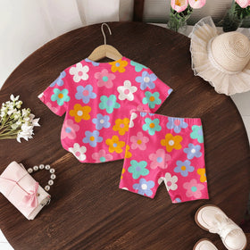 Girls Pink Floral Print Short Sleeve T-Shirt With Shorts Sets 2 pc. Sets