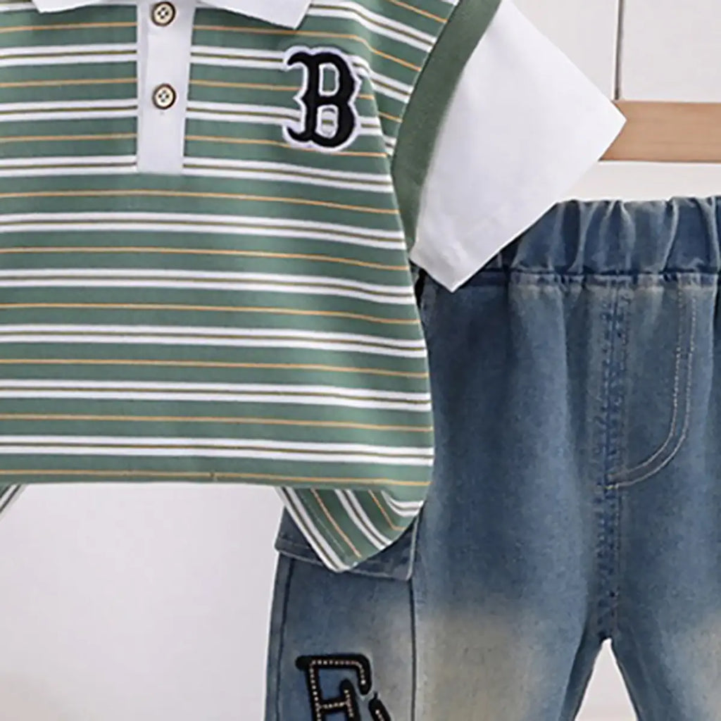 Boys Green Striped Short Sleeve Polo T-Shirt With Denim Shorts Sets 2 pc. Sets