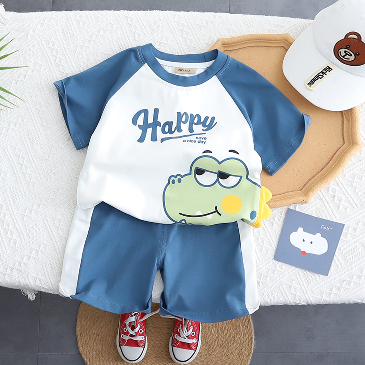 Boys Blue Happy Dinosaur Print Raglan Sleeve T-Shirt With Shorts Set 2 pc. Sets