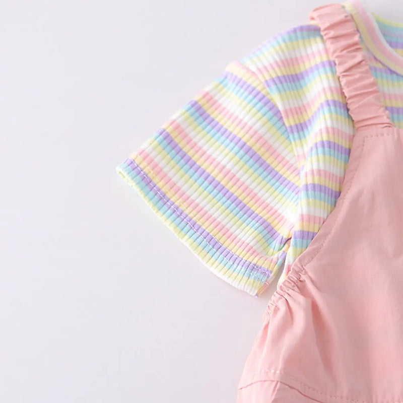 Girls Light Pink Toy Applique Dungaree With Short Sleeve Stripes T-Shirt Sets 2 pc. Sets
