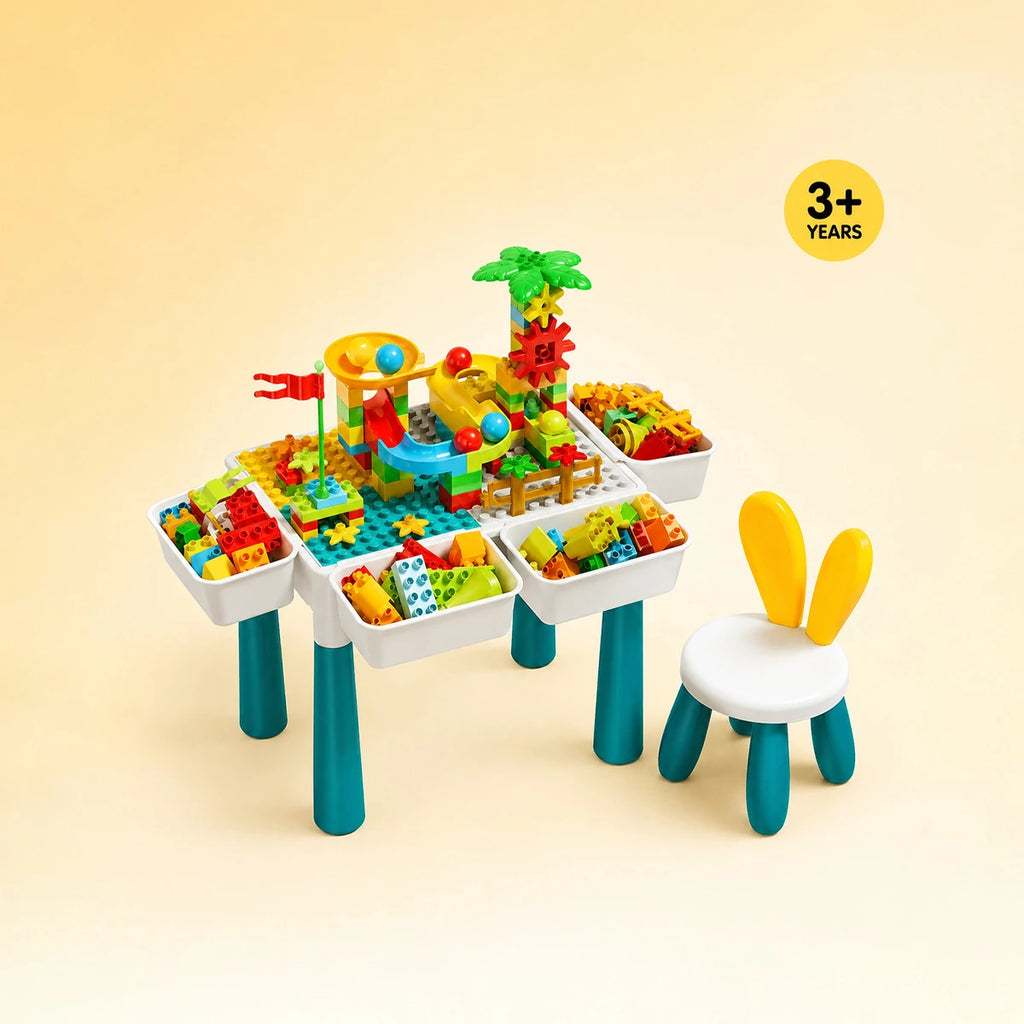 Kids Building Block Table with Bunny Chair - 210 Blocks & 4 Storage Bins - 3 Years Plus INCLUD Trending Accessories Multicolor Onesize
