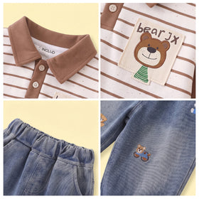 Boys Brown Striped Polo Sweatshirt With Denim pants Sets Sets
