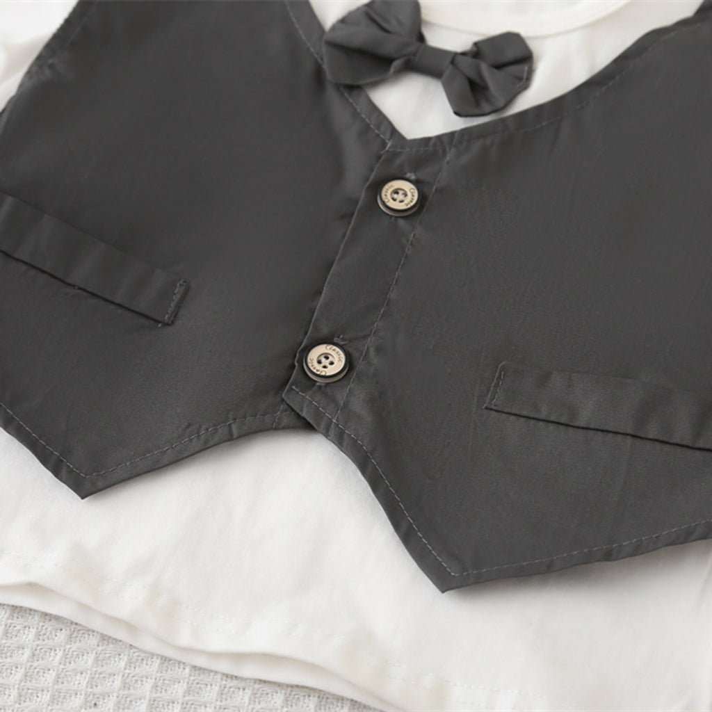 Boys Dark Grey Short Sleeves T-Shirt Attached Waistcoat With Shorts Set 2 pc. Sets