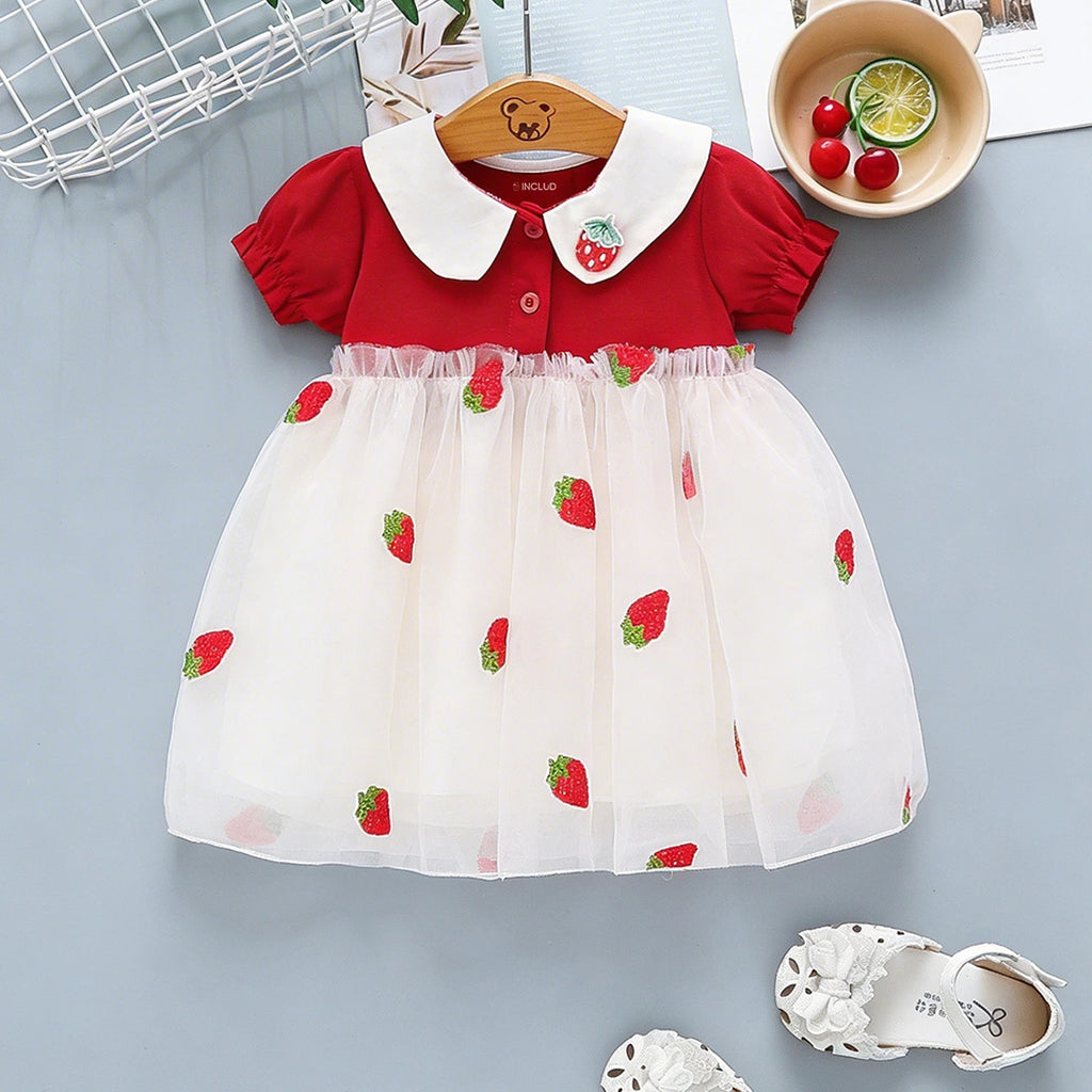 Girls Red Strawberry Embroidered Tulle Overlay Fit & Flare Dress With Puff Sleeves Casual Dresses Red 1-2 Y