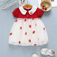 Girls Red Strawberry Embroidered Tulle Overlay Fit & Flare Dress With Puff Sleeves Casual Dresses Red 1-2 Y
