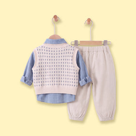 Boys Apricot Geometric Pattern Sweater Vest With Shirt & Joggers Sets Sets
