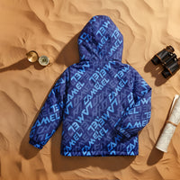 Boys Blue Typographic Printed Hooded Zipper Jacket Coats & Jackets