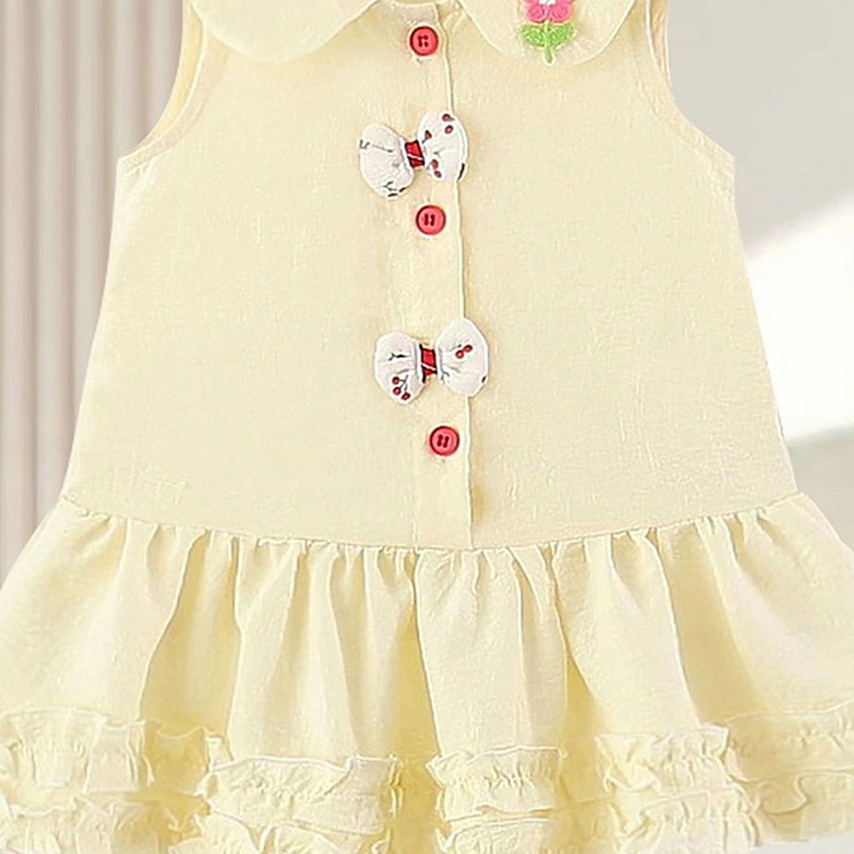 Girls Lime Yellow Peter Pan Collar Drop-Waist Dress With Bow Details Casual Dresses