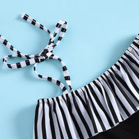 Girls Black One Shoulder Swimwear Bodysuit With Strips Ruffle & Hairband Beachwear