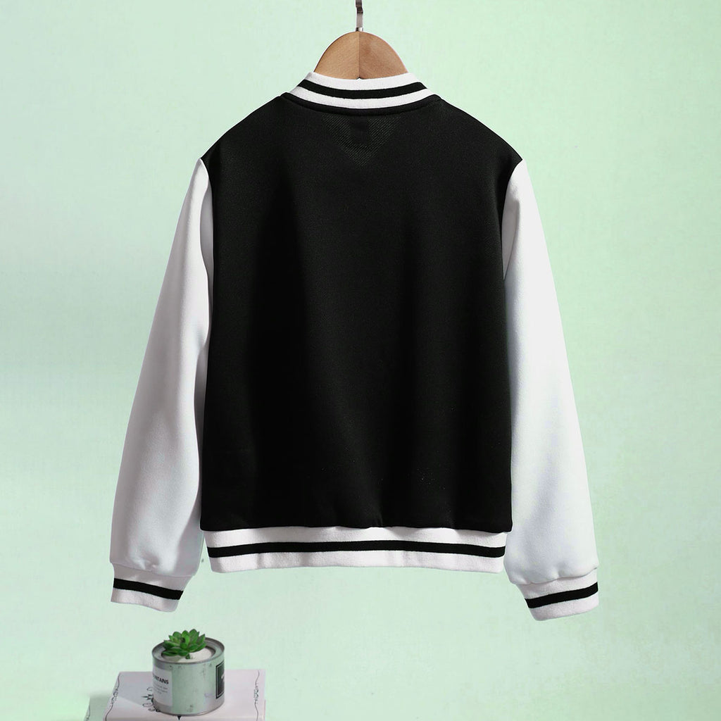 Girls Black Solid S Applique varsity Jacket Coats & Jackets