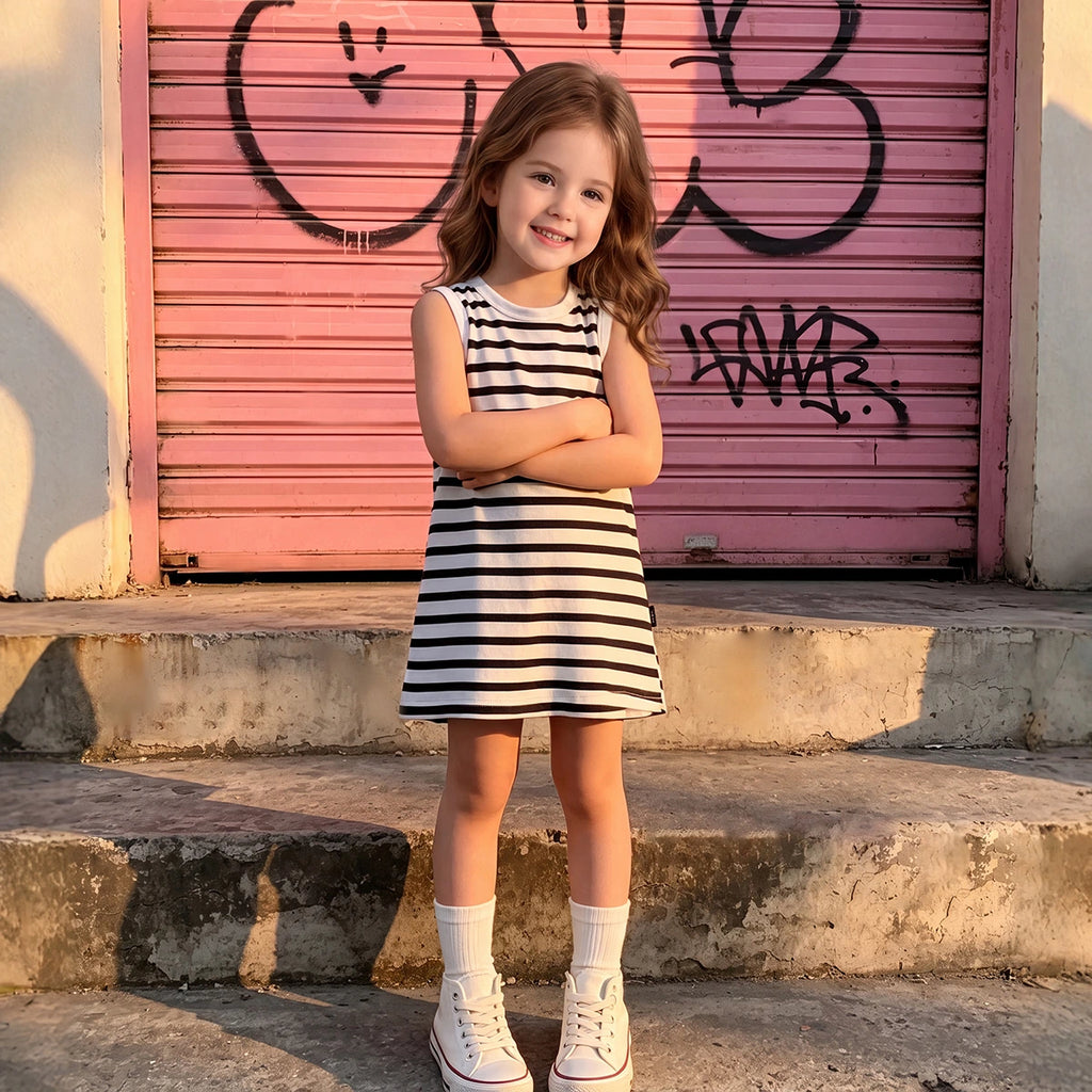 Girls Black Striped Sleeveless Midi Dress Casual Dresses