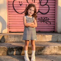 Girls Black Striped Sleeveless Midi Dress Casual Dresses