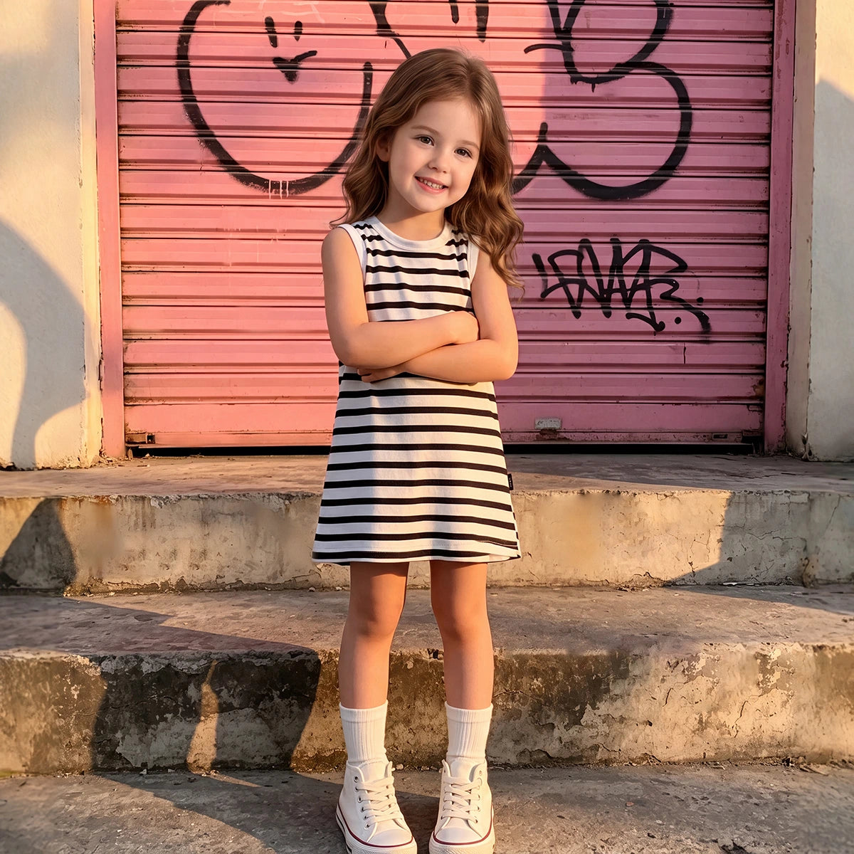 Girls Black Striped Sleeveless Midi Dress Casual Dresses