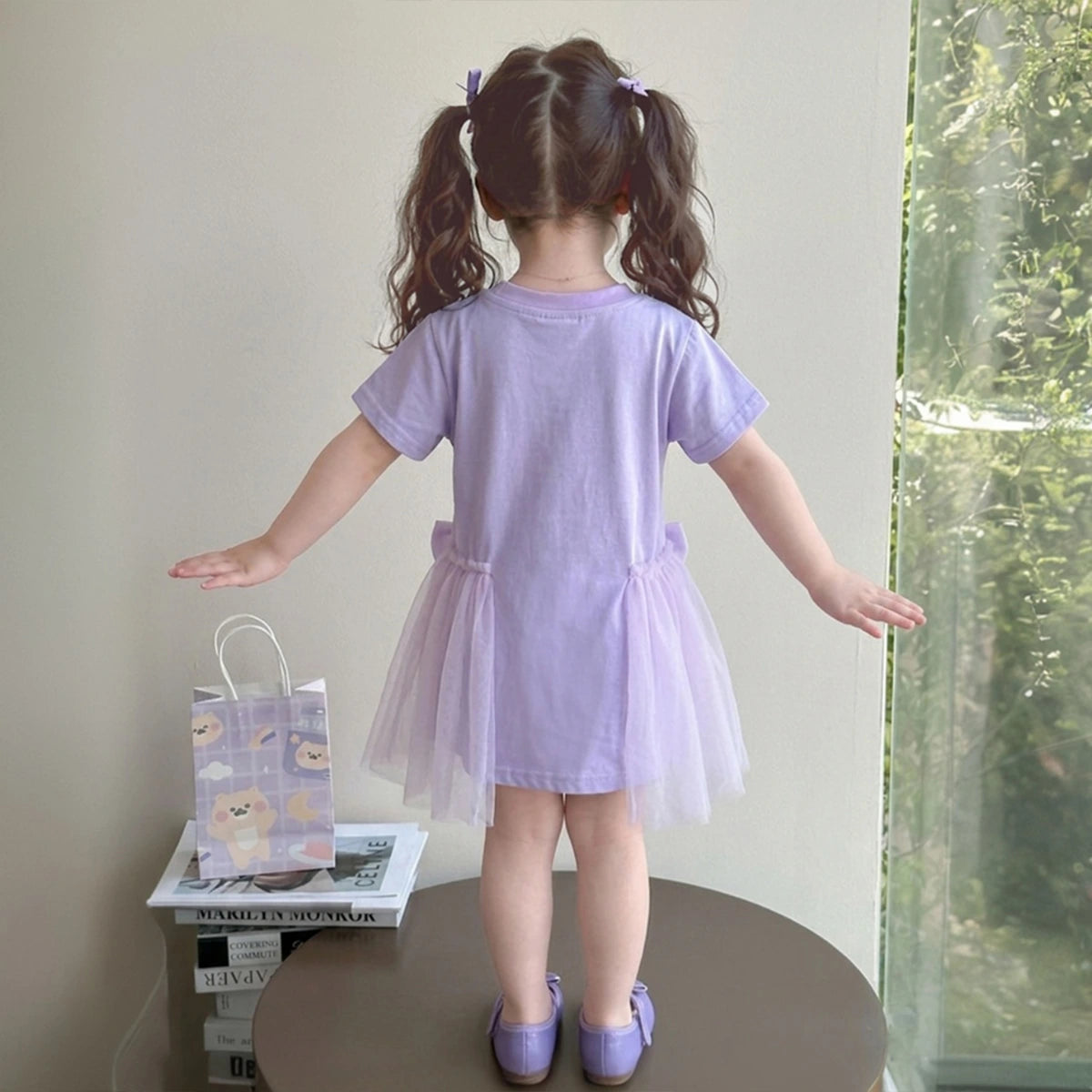 Girls Purple Printed Round Neck T-Shirt Dress with Bow Detail Casual Dresses