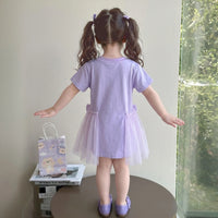 Girls Purple Printed Round Neck T-Shirt Dress with Bow Detail Casual Dresses