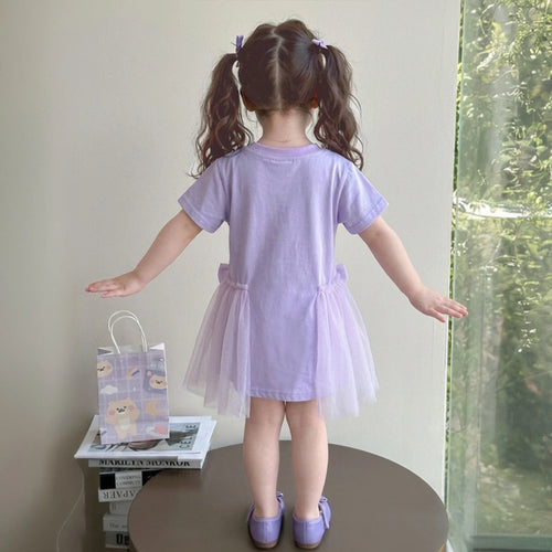 Girls Purple Printed Round Neck T-Shirt Dress with Bow Detail Casual Dresses