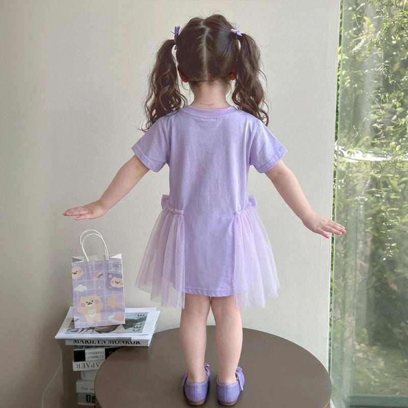 Girls Purple Printed Round Neck T-Shirt Dress with Bow Detail Casual Dresses