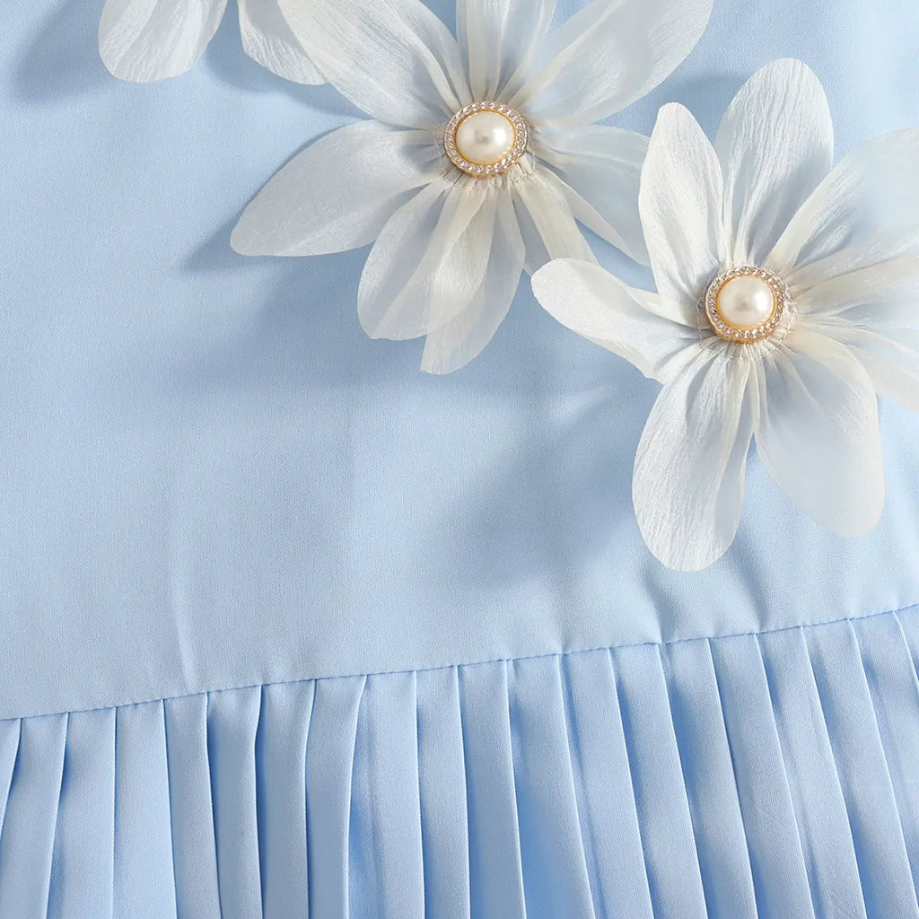 Girls Sky Blue Flowers Applique A-line Dress With Pleated Hem Casual Dresses