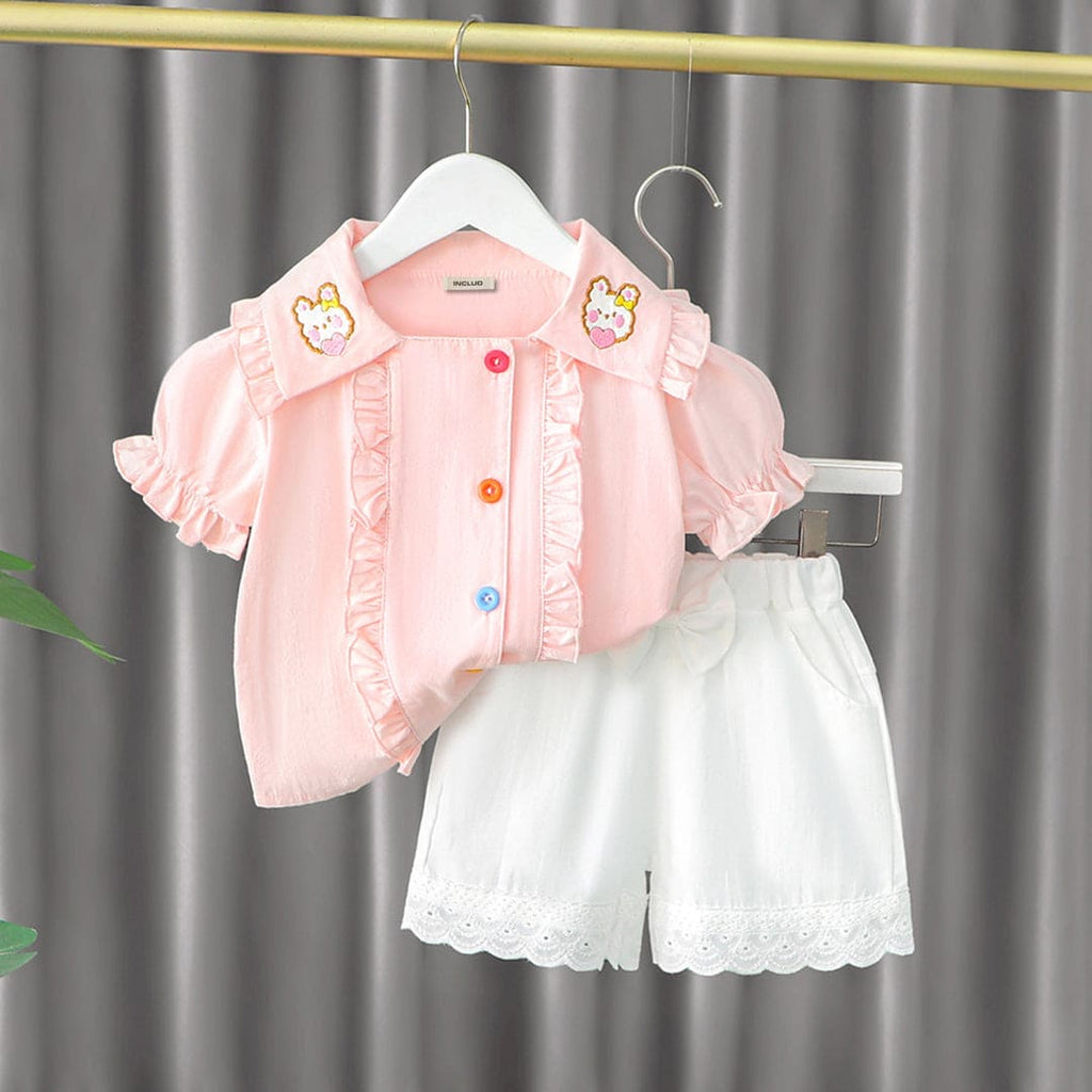 Girls Pink Collar Embroidery Top With Lace Bottom Shorts Sets Pink 1-2 Y 