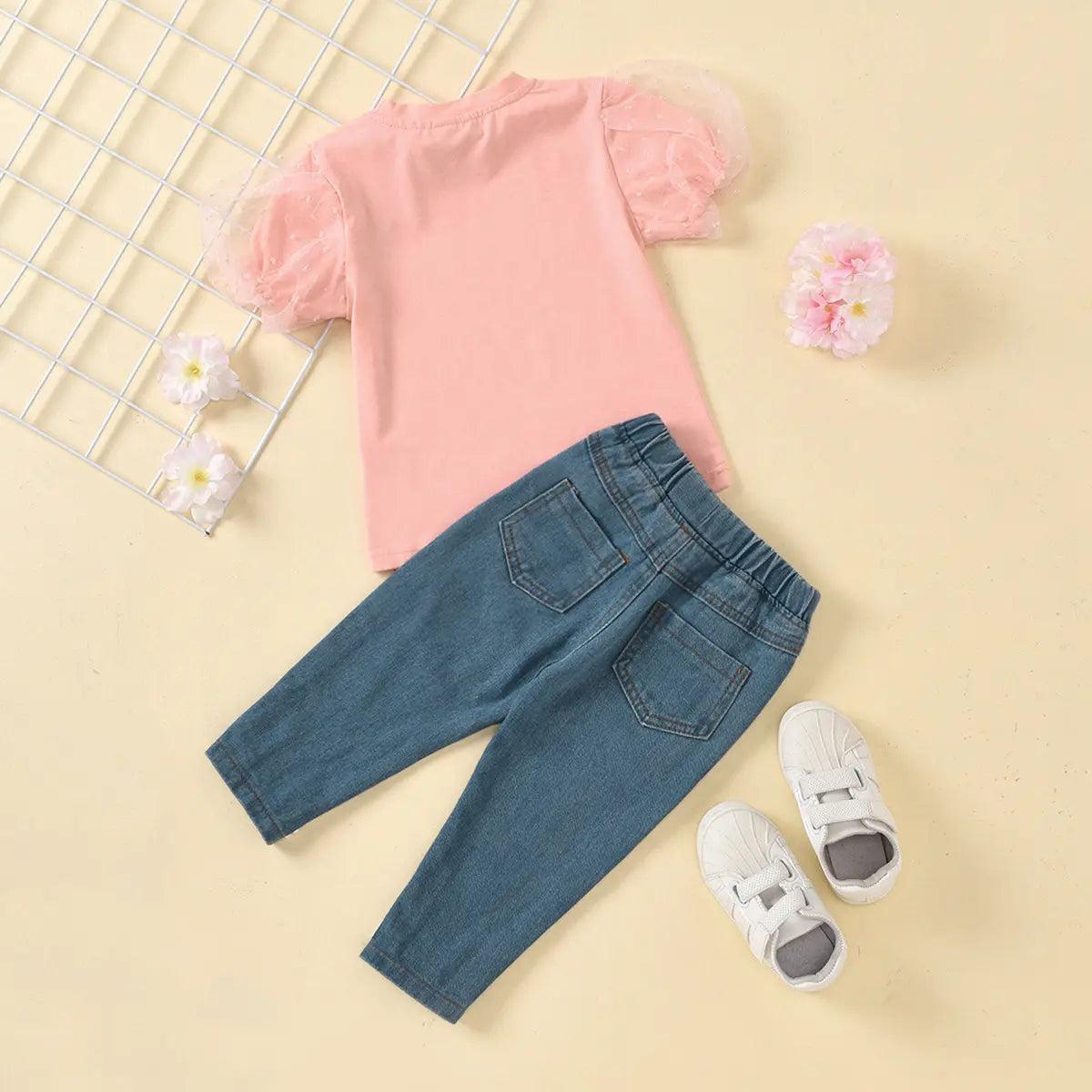 Girls Peach Puff Sleeves Top & Denim Pants With Pearl Embellishments Sets Sets