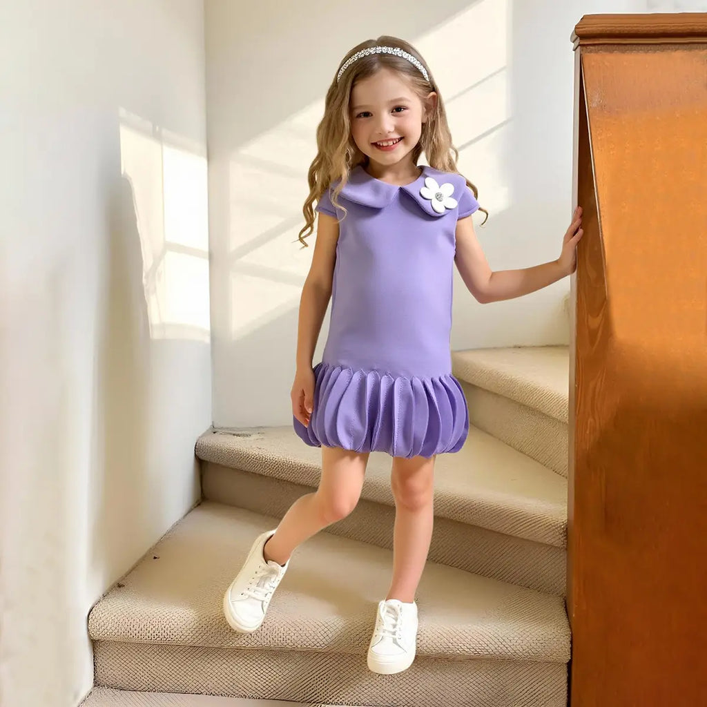 Girls Purple Cap Sleeves A-line Dress With Ruffled Hem Party Dresses