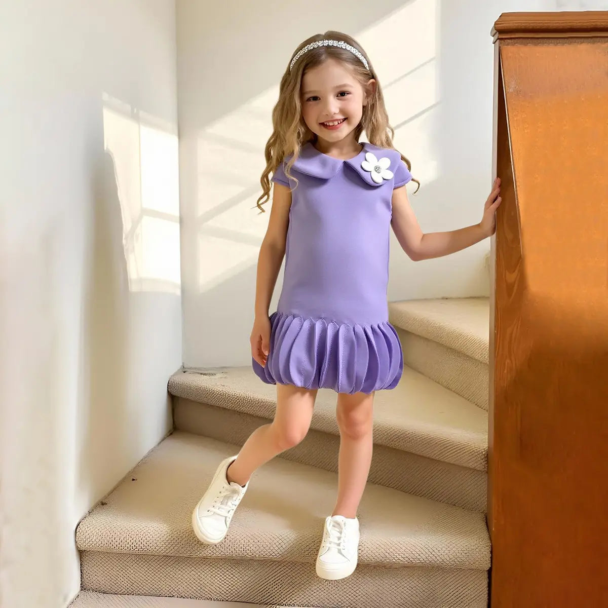 Girls Purple Cap Sleeves A-line Dress With Ruffled Hem Party Dresses