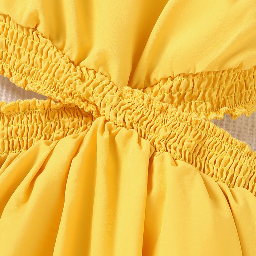 Girls Yellow Square Neck Short Sleeve Cross Waist Dress Casual Dresses