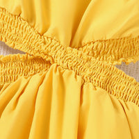 Girls Yellow Square Neck Short Sleeve Cross Waist Dress Casual Dresses