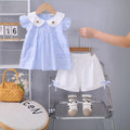 Girls Light Blue Flower Applique Ruffle Top With Shorts Set Sets Light Blue 1-2 Y