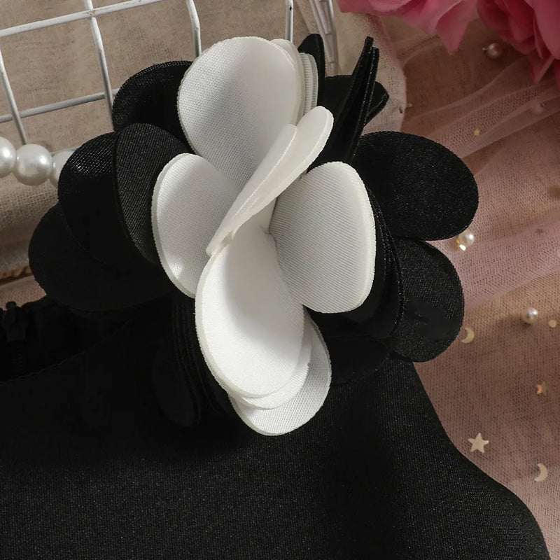 Girls Black Sleeveless Fit & Flare Party Wear Dress With Delicate Floral Appliques Party Dresses