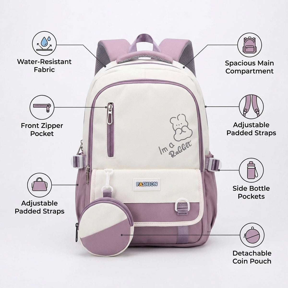 Kids Purple Rabbit Print Multi-Pocket School Backpack Trending Accessories